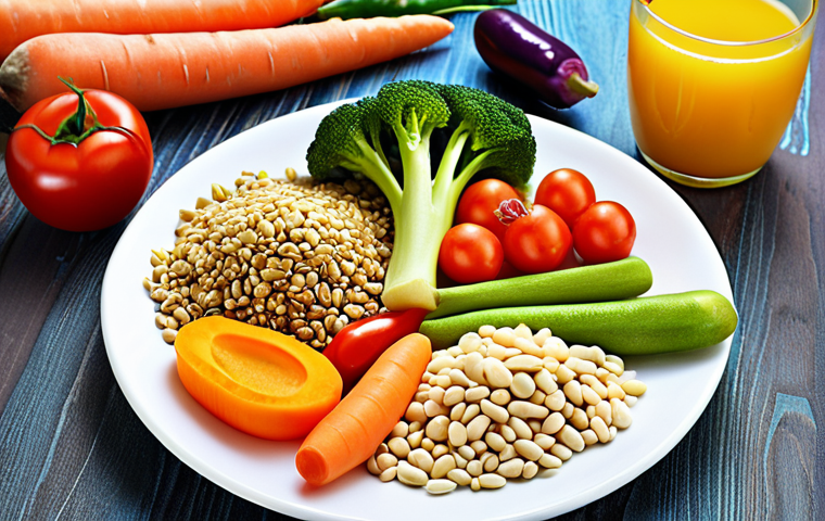 **A colorful plate of diverse vegetables, grains, and lean protein, presented in a playful and appealing way for a young child. Focus on highlighting fresh, healthy ingredients. Emphasize Polish food culture.**